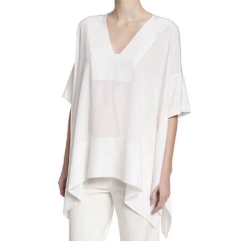 Vince Silk Poncho Top Womens XS/S Ivory Asymmetrical Tunic V Neck Oversized Boho